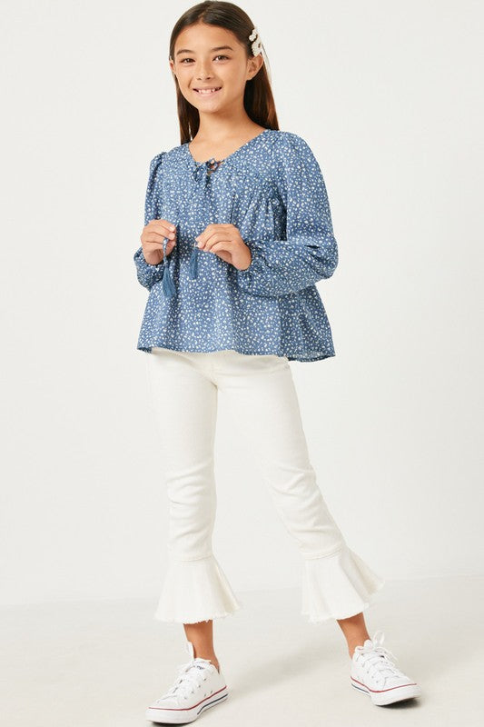 Ruffled seam with tassel long sleeve top