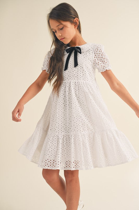 Lace puff sleeve knee dress