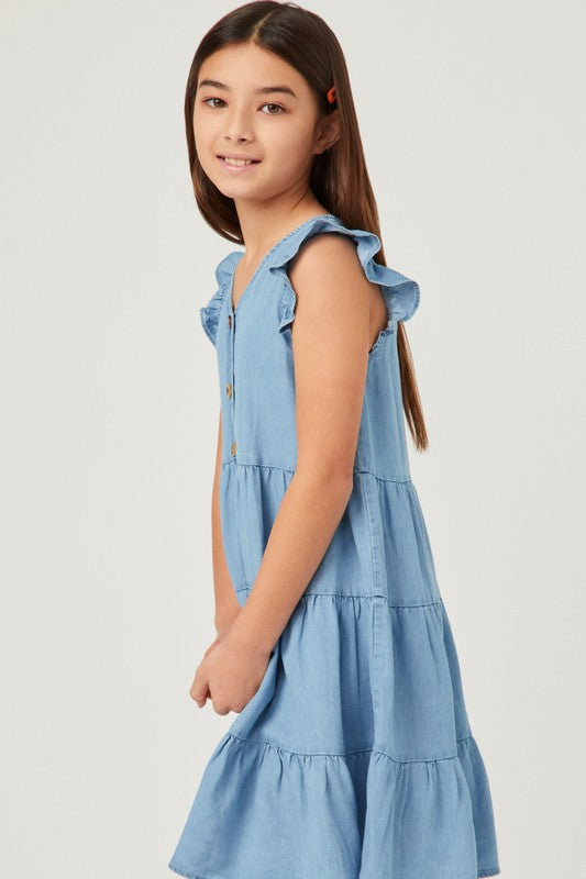 Girls Ruffle Button Down Tiered Dress